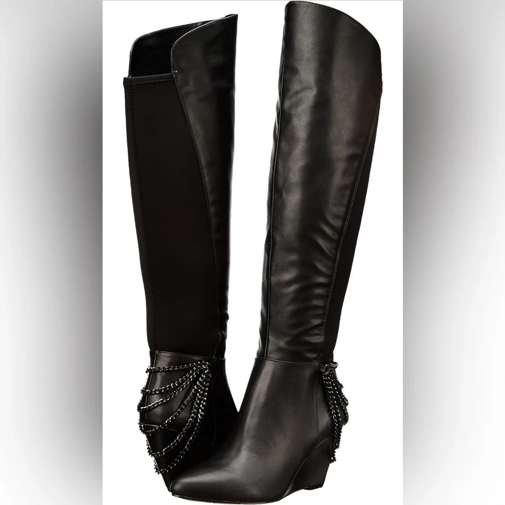 Fergie Samantha Black Chain-Detail Wedge Over-the-Knee Boots – Size 9M